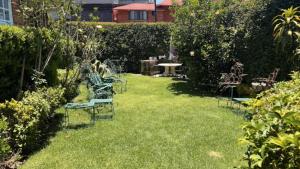 a garden with chairs and a table in the grass at Habitacion en residencia compartida in Mexico City