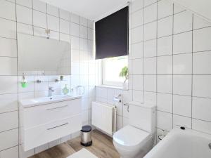 a white bathroom with a toilet and a sink at Villa Christina in Stevensweert +44 photos