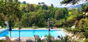 a swimming pool with chairs and a mountain in the background at Casa Stella Country House in Savigno