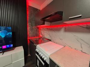 a kitchen with a stove and a tv on a counter at Kuća za odmor Štiba in Vinkovci