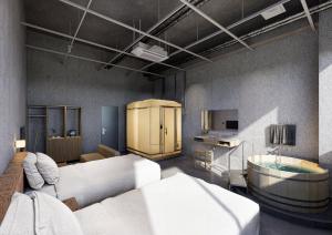 a rendering of a room with a bathroom and a tub at 島泊 島飯 島湯 in Tonosho