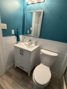 a bathroom with a toilet and a sink and a mirror at Sunset Suite in Bridgewater