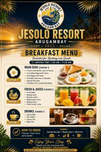 a flyer for a jesolo resort emergency breakfast menu at Jesoloresort Arugambay in Arugam Bay