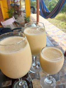 three glasses of orange juice on a table at La Escondida in Jardin