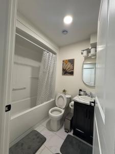 a bathroom with a toilet and a sink and a shower at Lovely Two-Bedroom APT at Kenmount Terrace in St. John's