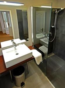 La salle de bains est pourvue d'un lavabo et d'une douche. dans l'établissement U Stare Pani - At the Old Lady Hotel, à Prague