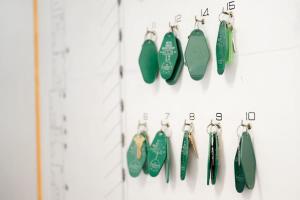 a row of green earrings hanging on a wall at Studio Suite 4 Green Gables Resort in Osoyoos