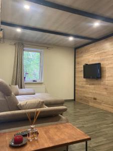 a living room with a couch and a tv on a wall at Vorzel house in Vorzel