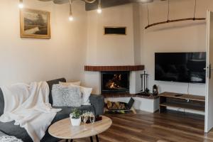 a living room with a couch and a fireplace at Mountain Chalet Donovaly with Sauna & Jacuzzi in Donovaly