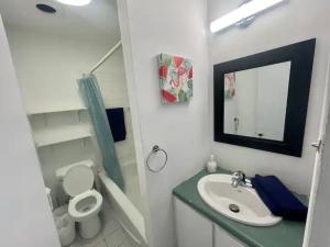 a bathroom with a sink and a toilet and a mirror at Full Kitchen METRO DE LEGLISE Room B in Montreal