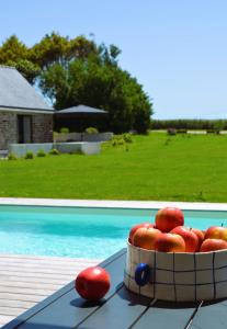 a bowl of apples on a table next to a pool at La petite maison de Celestine in Plonéour-Lanvern
