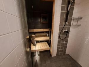 a small bathroom with a shower in a stall at Aabro, Levi in Kittilä