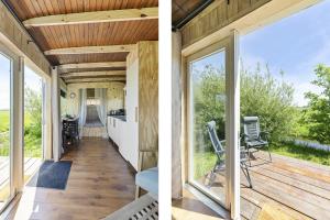 two views of a house with sliding glass doors at Camping de Wartenster - De Pipowagen in Wartena