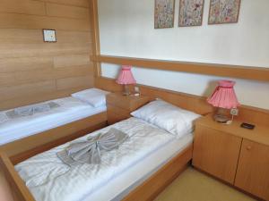 two beds in a room with two lamps on them at Chalet Glauninger in Ramsau am Dachstein