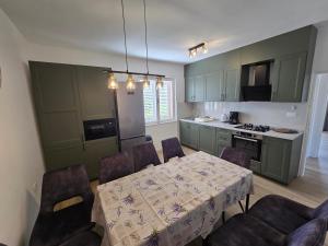 a kitchen with a table and chairs and a kitchen with green cabinets at Apartment Tome in Biograd na Moru