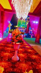 a group of vases with flowers on a red carpet at Prem Garden in Bhiwāni