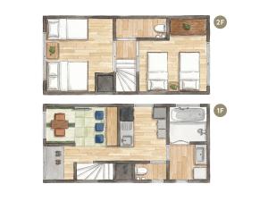two views of a floor plan of a house at Oyado Toshi in Kyoto