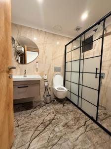 a bathroom with a toilet and a sink and a mirror at Rena Grand Residence & Suit in Trabzon +59 photos