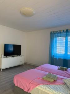 a bedroom with a bed and a flat screen tv at Caroline in Leoben