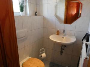 a small bathroom with a sink and a toilet at Ferienwohnung zum Riesenlöffel in Arnstadt +21 photos