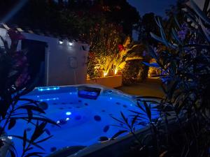 a jacuzzi tub in a garden at night at La Petite Bergerie in Fréjus