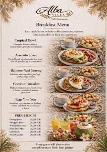 a menu for the breakfast first menu at Alba Villa in Gili Trawangan