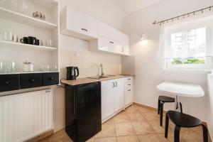 a kitchen with white cabinets and a black refrigerator at Willa Promyk in Jastarnia +11 photos