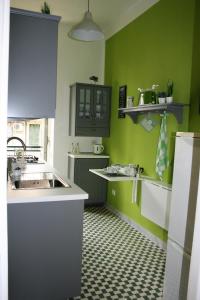 una cucina con pareti verdi, lavandino e ripiani di S Peter Nicolo' III a Roma
