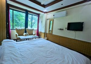 ein Schlafzimmer mit einem großen Bett und einem Fernseher in der Unterkunft New Islamabad Hotel in Islamabad