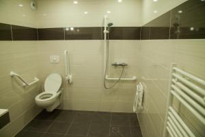 a bathroom with a toilet and a shower at The Originals City, le Relais des Carnutes Brezolles Verneuil sur Avre in Brezolles