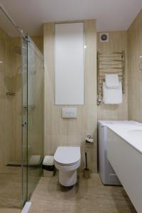 a bathroom with a toilet and a sink and a shower at Вікторі Апарт in Kyiv +7 photos