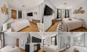 two pictures of a bedroom with two beds and a tv at The NYC Value Room near Times Square & Broadway - Private Room with shared bathroom in New York