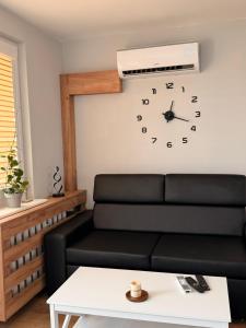 a living room with a black couch and a clock at Apartament Ryki in Ryki