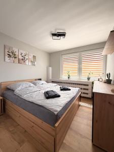 a bedroom with a large bed and two windows at Apartament Ryki in Ryki