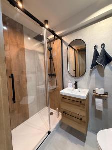 a bathroom with a shower and a sink and a mirror at Apartament Ryki in Ryki