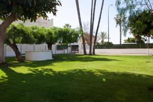 a green yard with trees and a building at Casa Mari Pepa beach & pool in Benajarafe