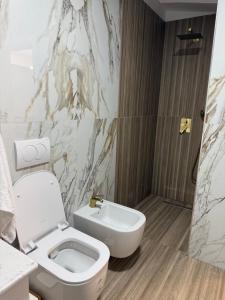 a bathroom with a toilet and a sink at Topuzi Grand House in Pogradec +4 photos