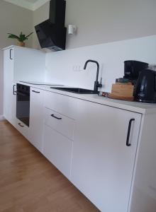 a kitchen with white cabinets and a sink at Ebenerdiges Ferienhaus für Rückzug und Auszeit mit Sauna, Weitblick, Terrassen, Privatsphäre auf 20000 qm NaturZentral in Frankenberg