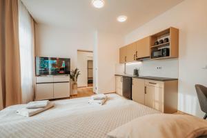 a bedroom with a bed and a television in it at CityBeat Apartments, 400m from the square in Pilsen
