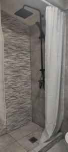 a shower with a shower curtain in a bathroom at Lea's Studio in Kourouta +57 photos