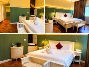 two pictures of a bedroom with two swans on beds at The Chambers Georgetown in George Town