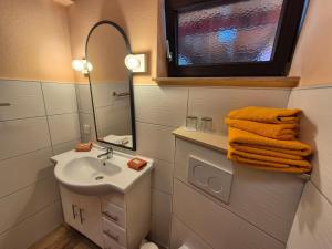 a bathroom with a sink and a mirror at Apartments Schramm in Eisenach +42 photos