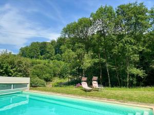 a swimming pool with two chairs next to some trees at Le Gîte de Couturas in Saint-Hilaire-les-Courbes