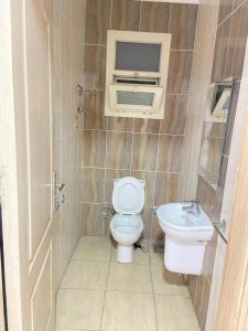 a small bathroom with a toilet and a sink at Vera home in Kafr al Ishārah