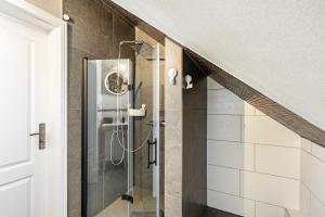 a shower with a glass door in a bathroom at Altstadt Quartier in Bad Freienwalde +39 photos