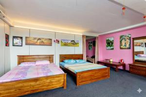 two beds in a room with pink walls at The Beehive in Bambalapitiya +25 photos