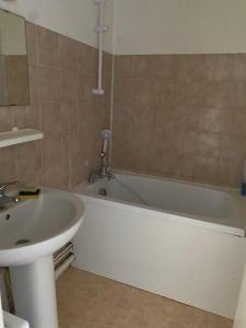 a bathroom with a sink and a bath tub next to a white sink at Ferme des hospices in La Celle-sous-Gouzon