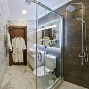 a bathroom with a shower and a toilet and a sink at Hotel Fridman in Odesa
