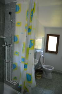 a bathroom with a shower curtain and a toilet at Vila Lotus in Murighiol +59 photos