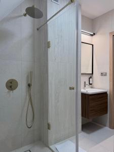 a bathroom with a shower with a glass door at Białe Wierchy Kościelisko in Witów +6 photos